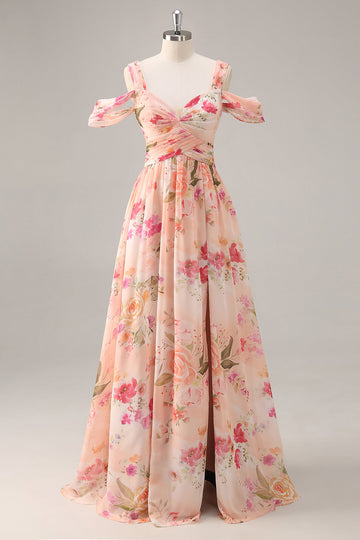 Pink Floral Ruched Cold Shoulder Long Bridesmaid Dress with Slit